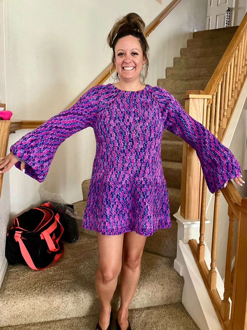 Crocheted Mini-Dress Tunic One-Of-A-Kind. Hand-Crochet Size Medium Multi-Colored Blue, Purple, Lavender Dark Pink. Inspired by Taylor Swift | MakerPlace by Michaels Crocheted Mini-Dress Tunic One-Of-A-Kind. Hand-Crochet Size Medium Multi-Colored Blue, Purple, Lavender Dark Pink. Inspired by Taylor Swift | MakerPlace by Michaels